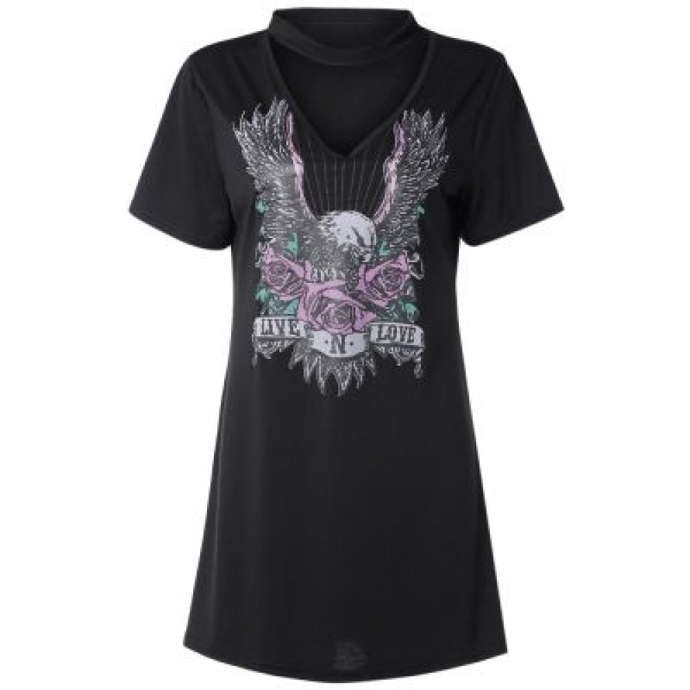 Hanging Neck V-neck T-shirt Eagle and Floral Printing Cotton Dress (BLACK)