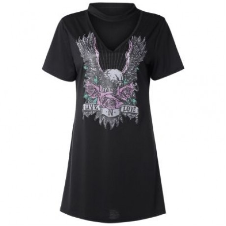 Hanging Neck V-neck T-shirt Eagle and Floral Printing Cotton Dress (BLACK)