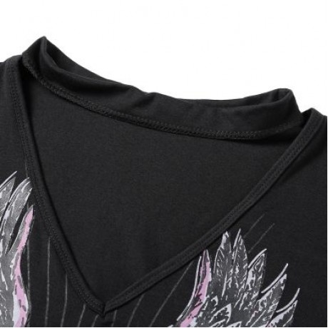 Hanging Neck V-neck T-shirt Eagle and Floral Printing Cotton Dress (BLACK)