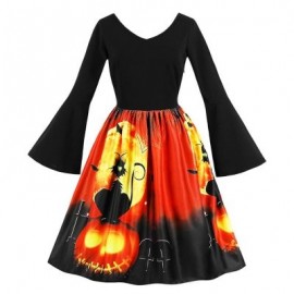 Flare Sleeve Plus Size Pumpkin Lantern A Line Dress (BLACK)