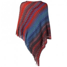 Boat Neck Chevron Stripe Fringed Knit Poncho Women Pullover Sweater (CHERRY RED)