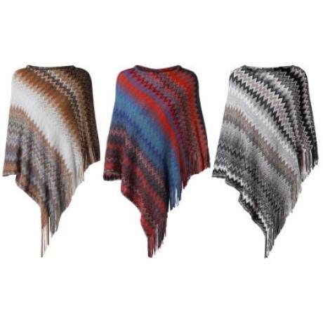 Boat Neck Chevron Stripe Fringed Knit Poncho Women Pullover Sweater (GRAY CLOUD)