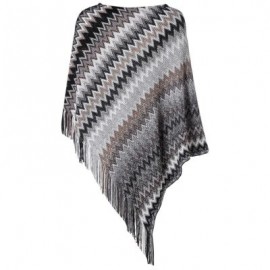 Boat Neck Chevron Stripe Fringed Knit Poncho Women Pullover Sweater (GRAY CLOUD)