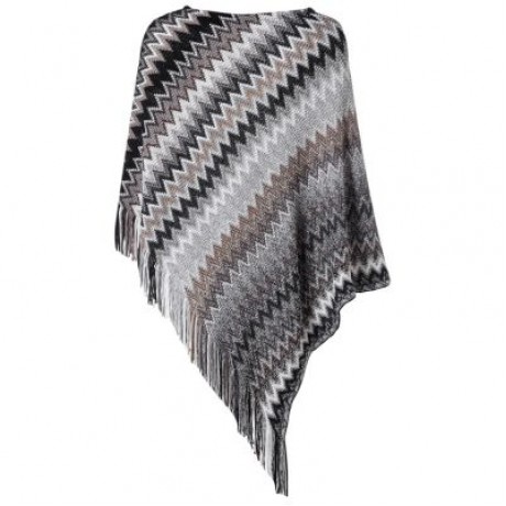 Boat Neck Chevron Stripe Fringed Knit Poncho Women Pullover Sweater (GRAY CLOUD)