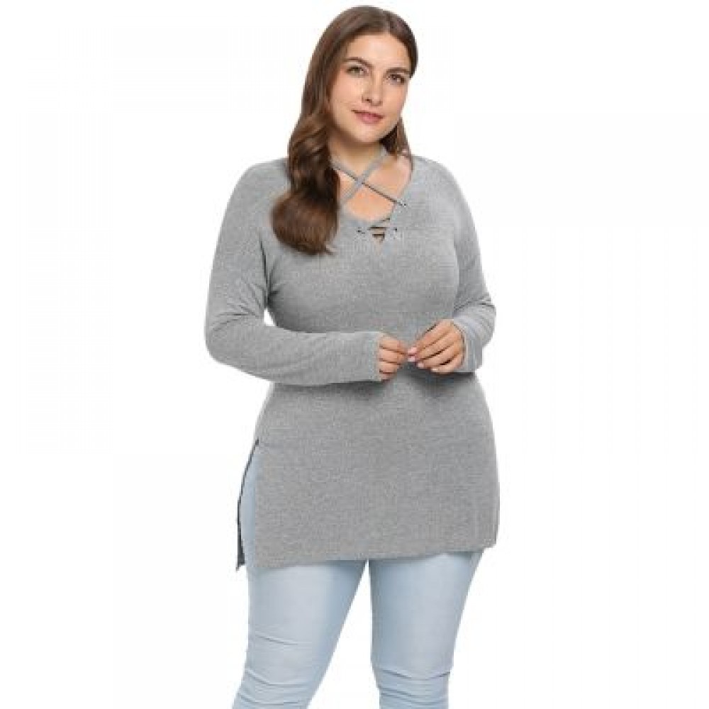 V Neck Lacing Up Long Sleeve Slit Solid Color Plus Size Women T-shirt (BATTLESHIP GRAY) V Neck Lacing Up Long Sleeve Slit Solid Color Plus Size Women T-shirt (BATTLESHIP GRAY)