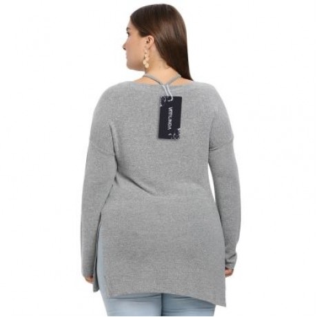 V Neck Lacing Up Long Sleeve Slit Solid Color Plus Size Women T-shirt (BATTLESHIP GRAY)