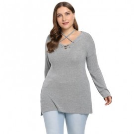 V Neck Lacing Up Long Sleeve Slit Solid Color Plus Size Women T-shirt (BATTLESHIP GRAY)