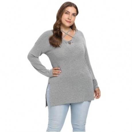 V Neck Lacing Up Long Sleeve Slit Solid Color Plus Size Women T-shirt (BATTLESHIP GRAY)