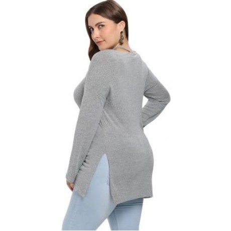 V Neck Lacing Up Long Sleeve Slit Solid Color Plus Size Women T-shirt (BATTLESHIP GRAY)
