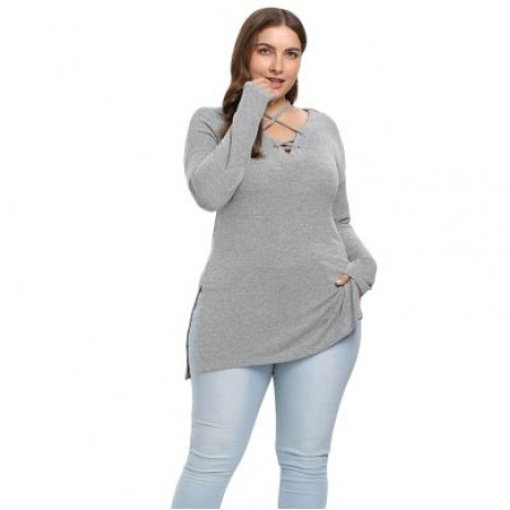 V Neck Lacing Up Long Sleeve Slit Solid Color Plus Size Women T-shirt (BATTLESHIP GRAY)
