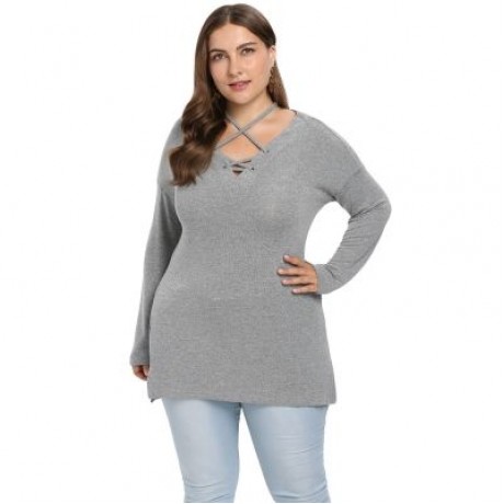 V Neck Lacing Up Long Sleeve Slit Solid Color Plus Size Women T-shirt (BATTLESHIP GRAY)