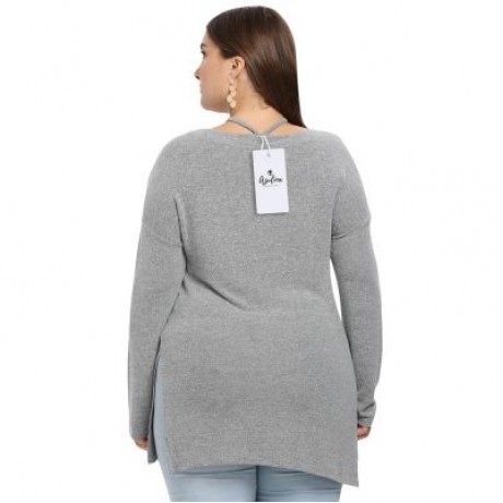 V Neck Lacing Up Long Sleeve Slit Solid Color Plus Size Women T-shirt (BATTLESHIP GRAY)