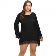 Round Collar Long Sleeve Fringed Lace Crochet Plus Size Women Mini Dress (BLACK)