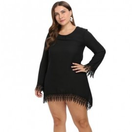 Round Collar Long Sleeve Fringed Lace Crochet Plus Size Women Mini Dress (BLACK)