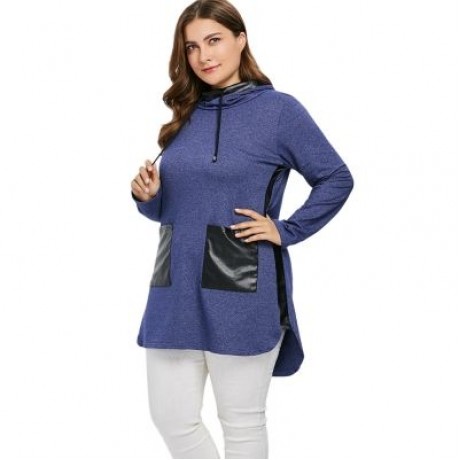 Plus Size Two Tone Drawstring Hoodie (STEEL BLUE)