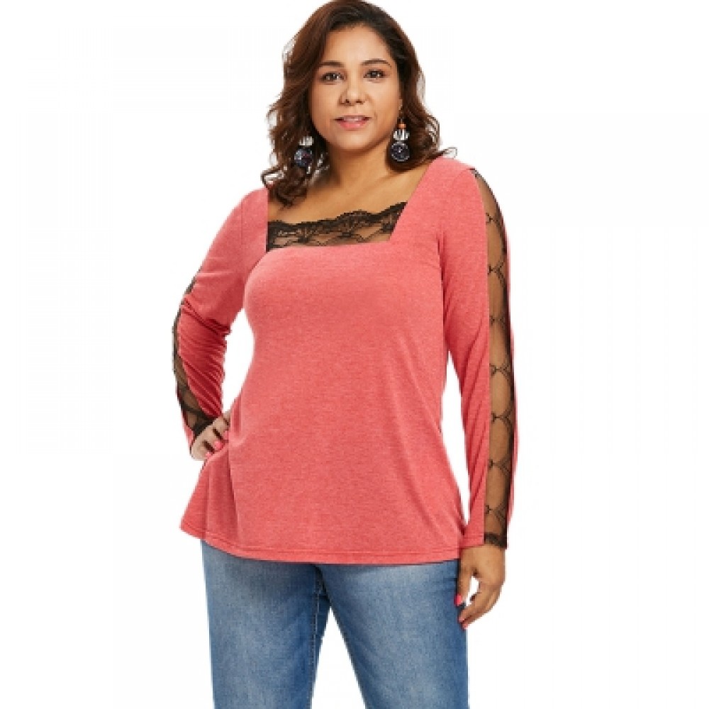 Lace Panel Plus Size Square Neck T-shirt (BEAN RED)