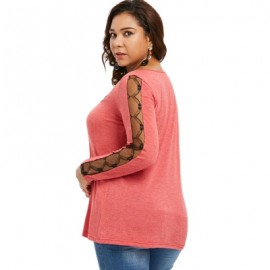 Lace Panel Plus Size Square Neck T-shirt (BEAN RED)