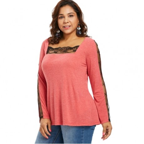Lace Panel Plus Size Square Neck T-shirt (BEAN RED)