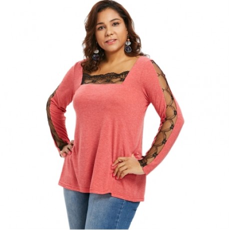 Lace Panel Plus Size Square Neck T-shirt (BEAN RED)
