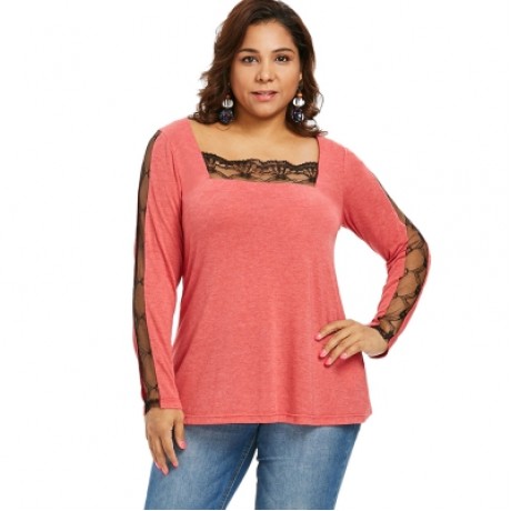 Lace Panel Plus Size Square Neck T-shirt (BEAN RED)