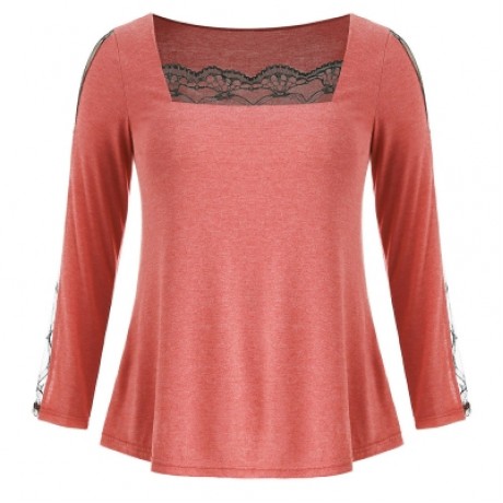 Lace Panel Plus Size Square Neck T-shirt (BEAN RED)