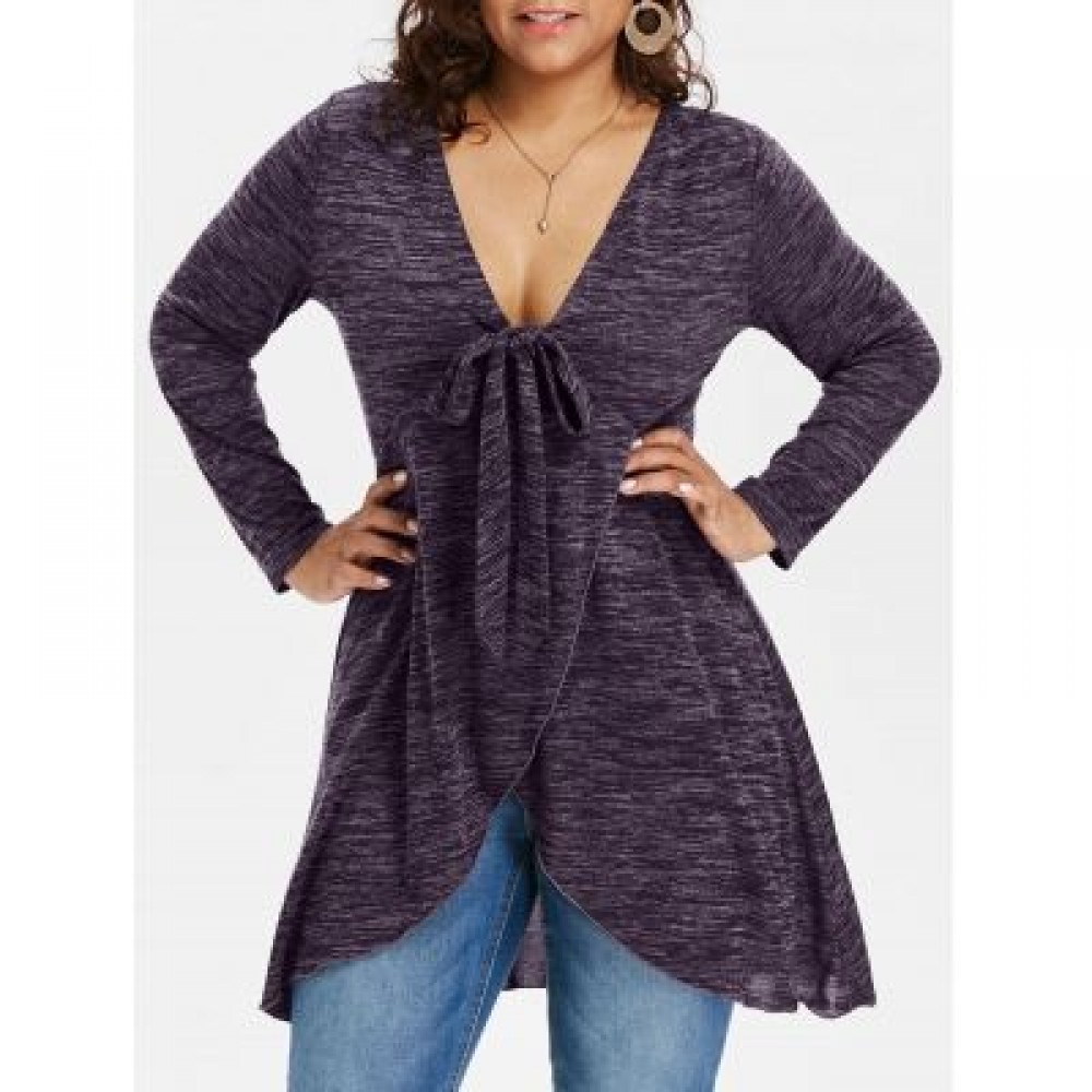 Plus Size Deep V Neck Long Sleeve T-shirt (PURPLE IRIS)