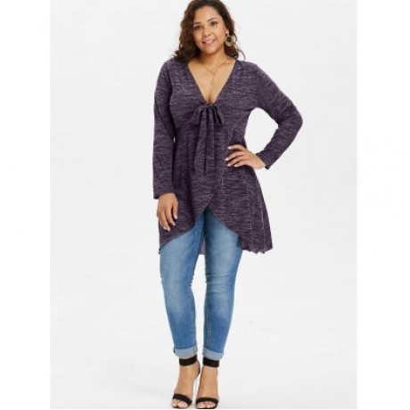 Plus Size Deep V Neck Long Sleeve T-shirt (PURPLE IRIS)