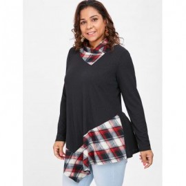 Plus Size Tartan Print Asymmetrical T-shirt (BLACK)