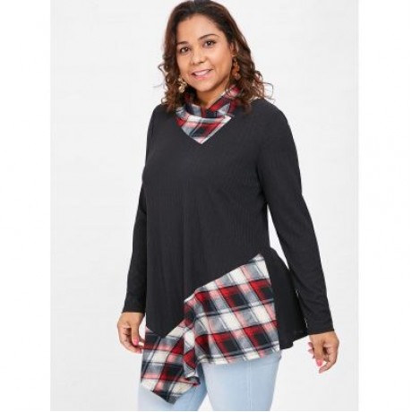 Plus Size Tartan Print Asymmetrical T-shirt (BLACK)