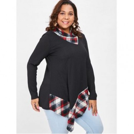 Plus Size Tartan Print Asymmetrical T-shirt (BLACK)