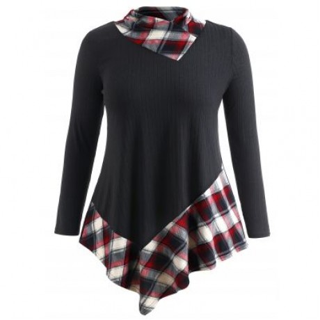 Plus Size Tartan Print Asymmetrical T-shirt (BLACK)