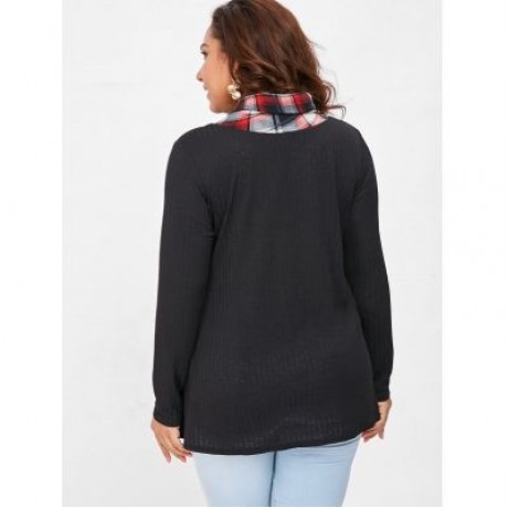 Plus Size Tartan Print Asymmetrical T-shirt (BLACK)