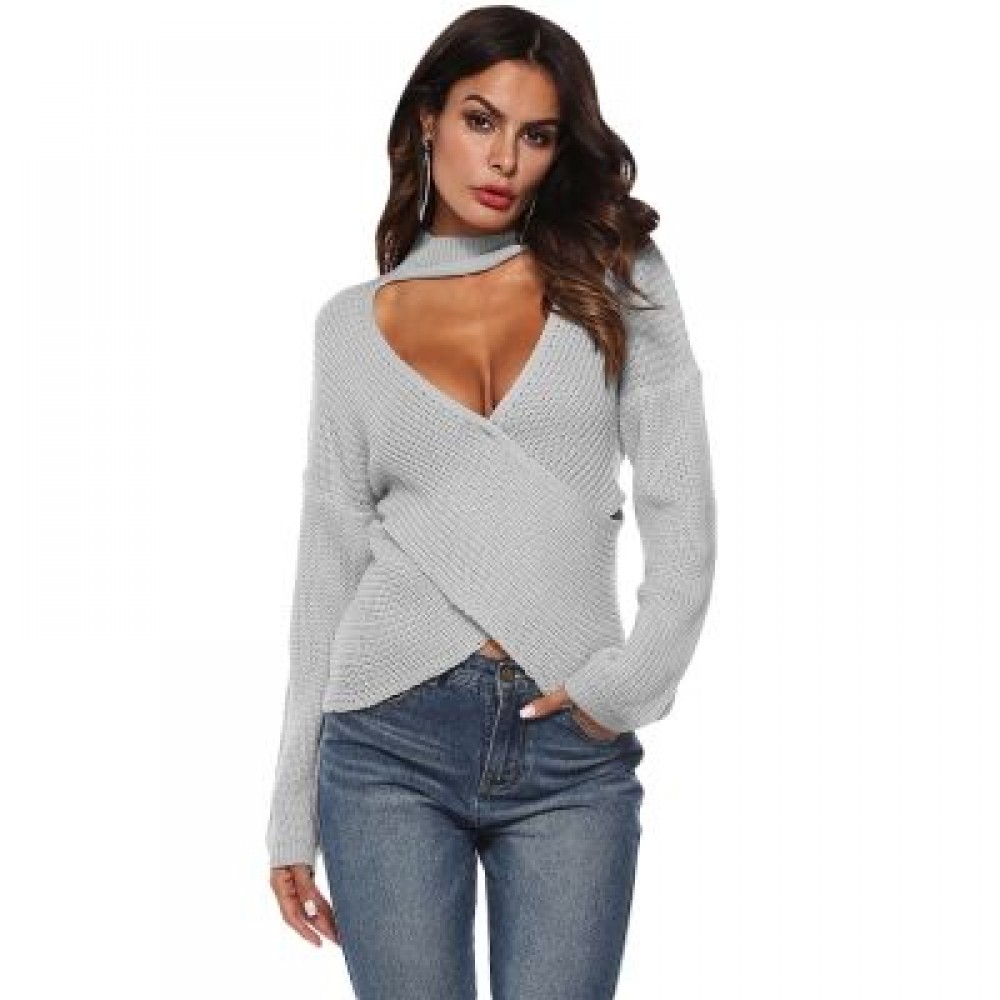 Deep V Neck Stand Collar Sexy Low Cut Irregular Cross Long Sleeve Women Sweater (GRAY CLOU Deep V Neck Stand Collar Sexy Low Cut Irregular Cross Long Sleeve Women Sweater (GRAY CLOU