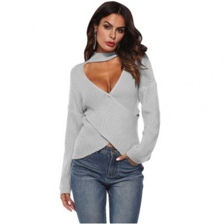 Deep V Neck Stand Collar Sexy Low Cut Irregular Cross Long Sleeve Women Sweater (GRAY CLOU
