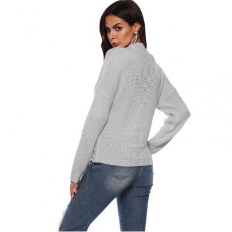 Deep V Neck Stand Collar Sexy Low Cut Irregular Cross Long Sleeve Women Sweater (GRAY CLOU