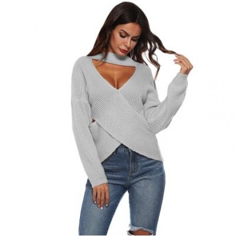 Deep V Neck Stand Collar Sexy Low Cut Irregular Cross Long Sleeve Women Sweater (GRAY CLOU