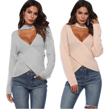 Deep V Neck Stand Collar Sexy Low Cut Irregular Cross Long Sleeve Women Sweater (GRAY CLOU