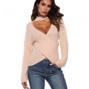 Deep V Neck Stand Collar Sexy Low Cut Irregular Cross Long Sleeve Women Sweater (DESERT SA