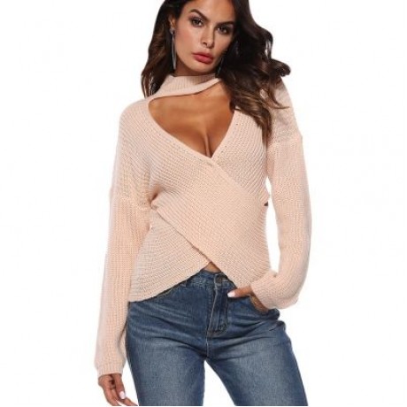Deep V Neck Stand Collar Sexy Low Cut Irregular Cross Long Sleeve Women Sweater (DESERT SA