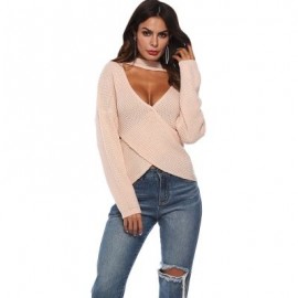 Deep V Neck Stand Collar Sexy Low Cut Irregular Cross Long Sleeve Women Sweater (DESERT SA