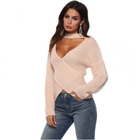 Deep V Neck Stand Collar Sexy Low Cut Irregular Cross Long Sleeve Women Sweater (DESERT SA