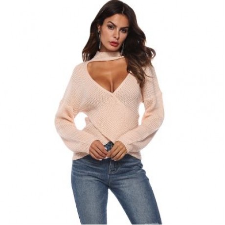 Deep V Neck Stand Collar Sexy Low Cut Irregular Cross Long Sleeve Women Sweater (DESERT SA