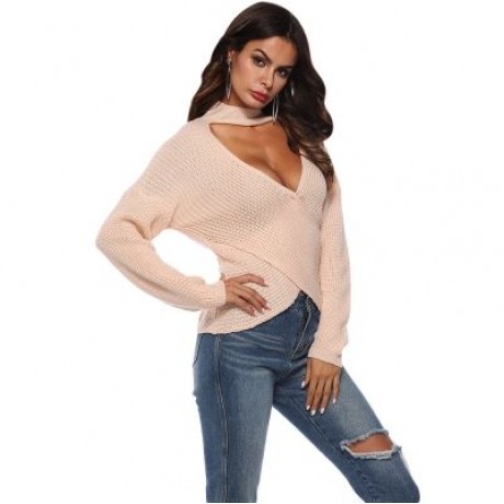 Deep V Neck Stand Collar Sexy Low Cut Irregular Cross Long Sleeve Women Sweater (DESERT SA