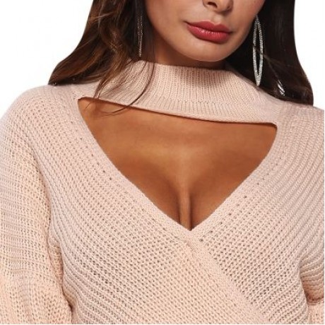 Deep V Neck Stand Collar Sexy Low Cut Irregular Cross Long Sleeve Women Sweater (DESERT SA
