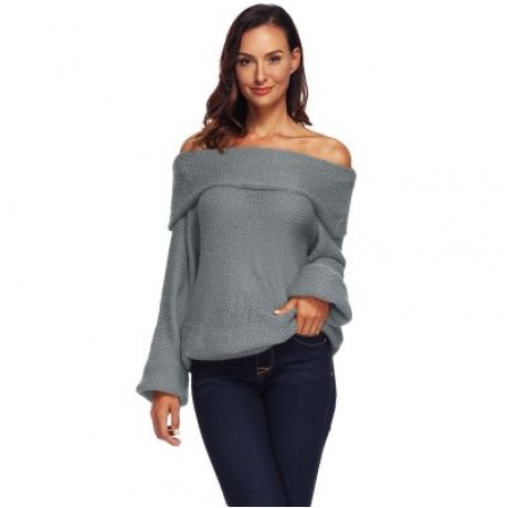 Off The Shoulder Long Bell Sleeve Overlap Solid Color Women Pullover Sweater (BATTLESHIP G