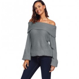 Off The Shoulder Long Bell Sleeve Overlap Solid Color Women Pullover Sweater (BATTLESHIP G