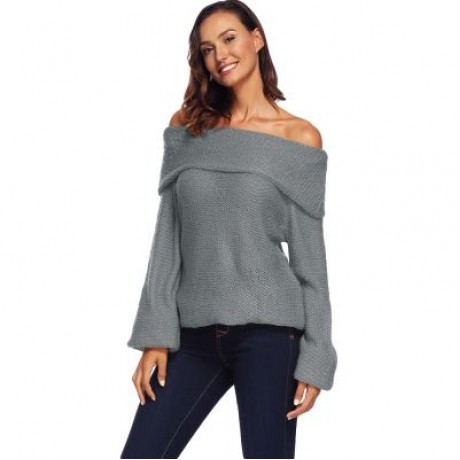 Off The Shoulder Long Bell Sleeve Overlap Solid Color Women Pullover Sweater (BATTLESHIP G
