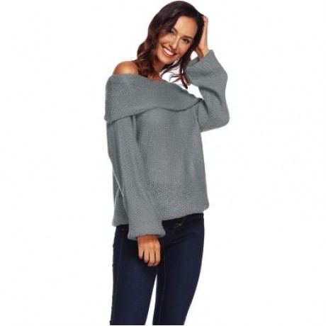 Off The Shoulder Long Bell Sleeve Overlap Solid Color Women Pullover Sweater (BATTLESHIP G
