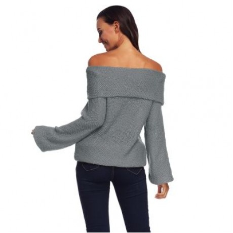 Off The Shoulder Long Bell Sleeve Overlap Solid Color Women Pullover Sweater (BATTLESHIP G