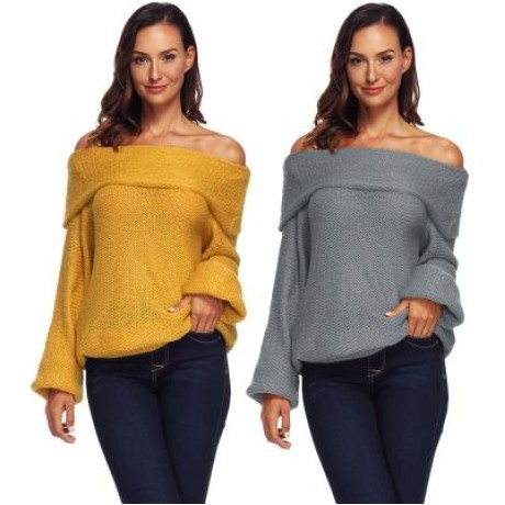 Off The Shoulder Long Bell Sleeve Overlap Solid Color Women Pullover Sweater (BATTLESHIP G